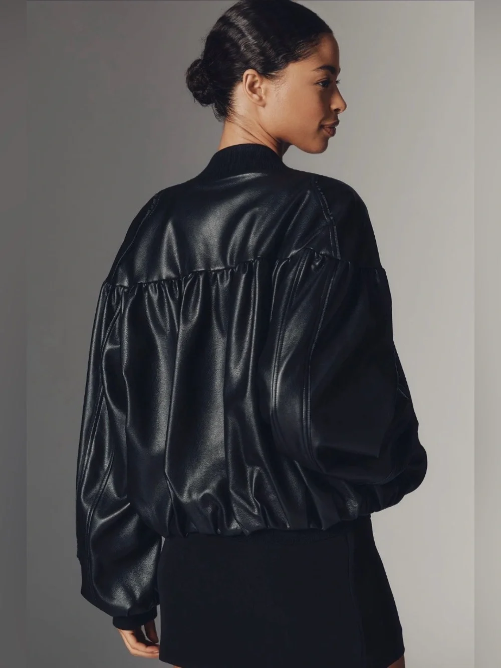 ✨ Anthropologie Faux Leather Crop Bubble Bomber Jacket Sz M - Picture 5 of 9